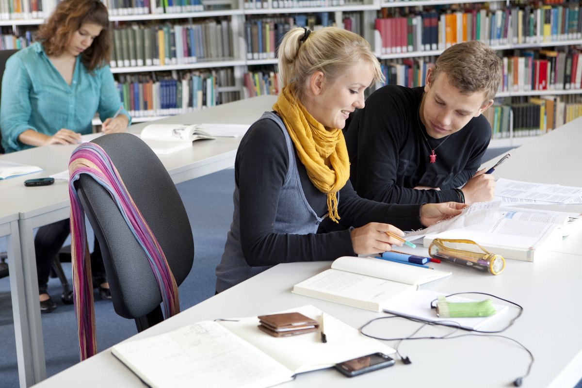 Students working in the library